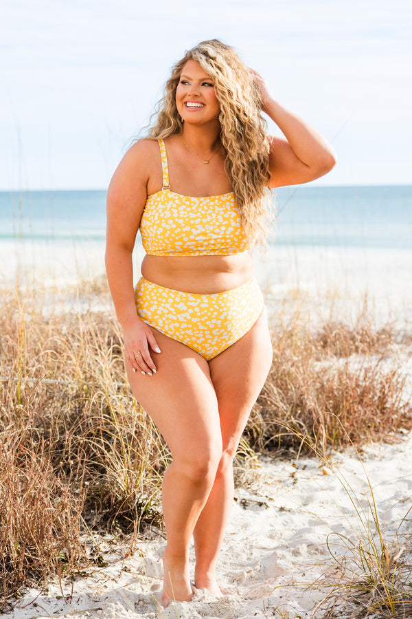 Chic Soul plus size clothing, yellow floral printed high waisted swim bottoms