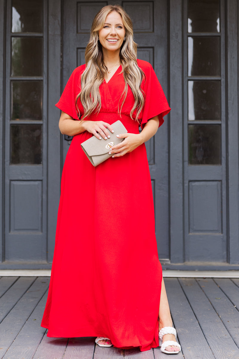 maxi dresses for women with short sleeves Elegant plus size A-line dress slit ruffle Feeling Good Maxi Dress, Red