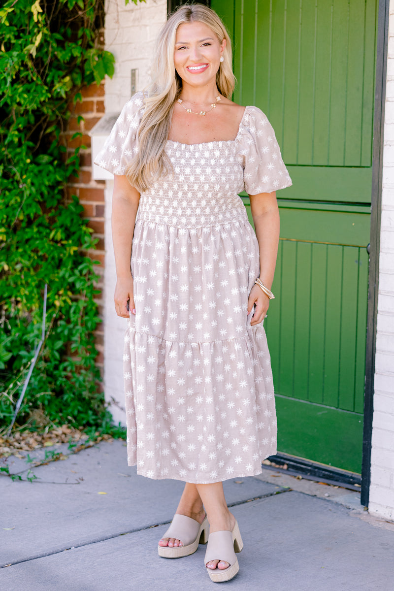 taupe midi dress Feeling Grateful Dress, – Chic Soul Wedding Dress with Bow Pooka dress 36” Hip Color:Ivory/Gold/Silver
