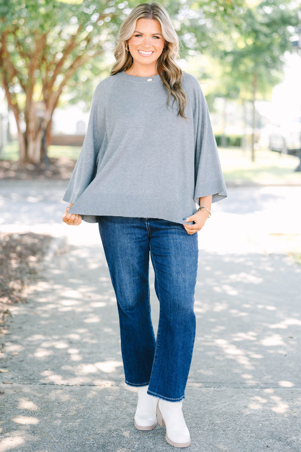 Plus Size gray crewneck sweater with wide three-quarter length sleeves and a ribbed hem.