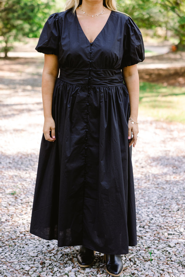 Chic Soul plus size clothing, black puff sleeve button up a-line maxi dress