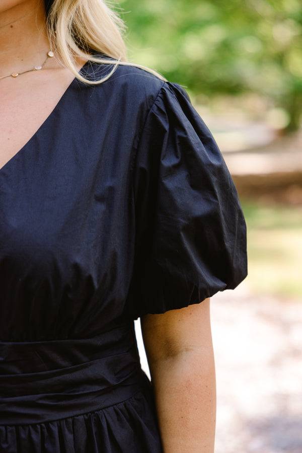 Chic Soul plus size clothing, black puff sleeve button up a-line maxi dress