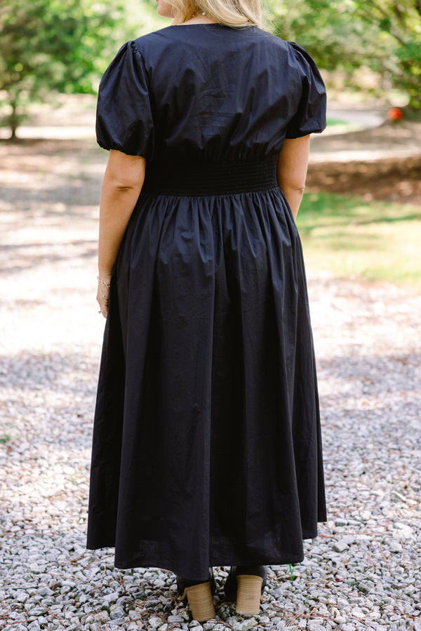 Chic Soul plus size clothing, black puff sleeve button up a-line maxi dress