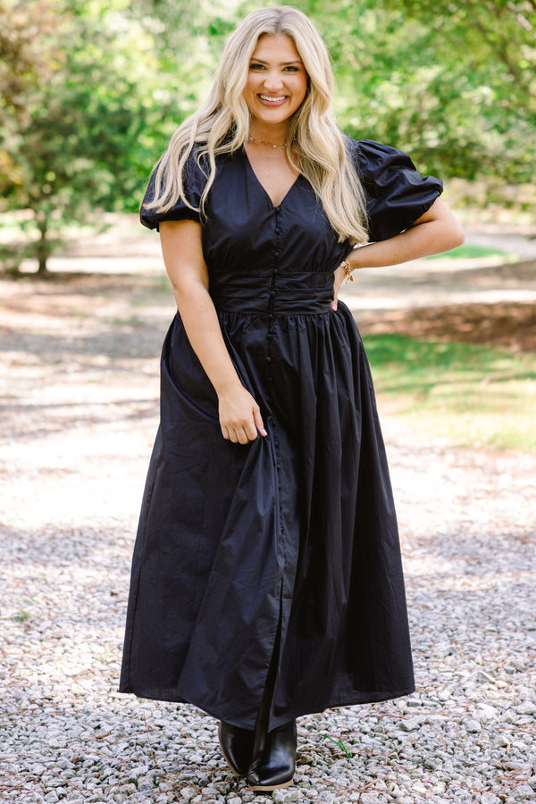 Chic Soul plus size clothing, black puff sleeve button up a-line maxi dress