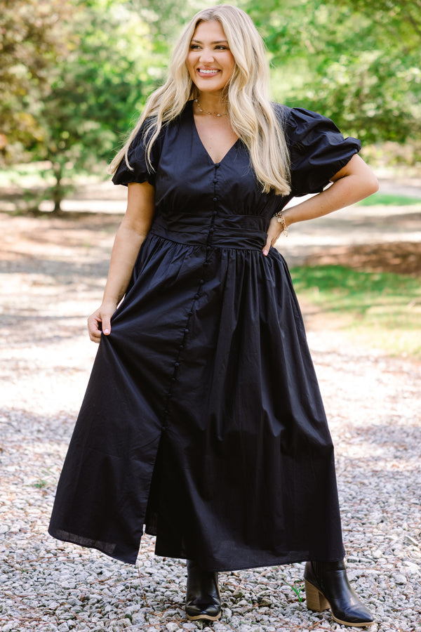 Chic Soul plus size clothing, black puff sleeve button up a-line maxi dress