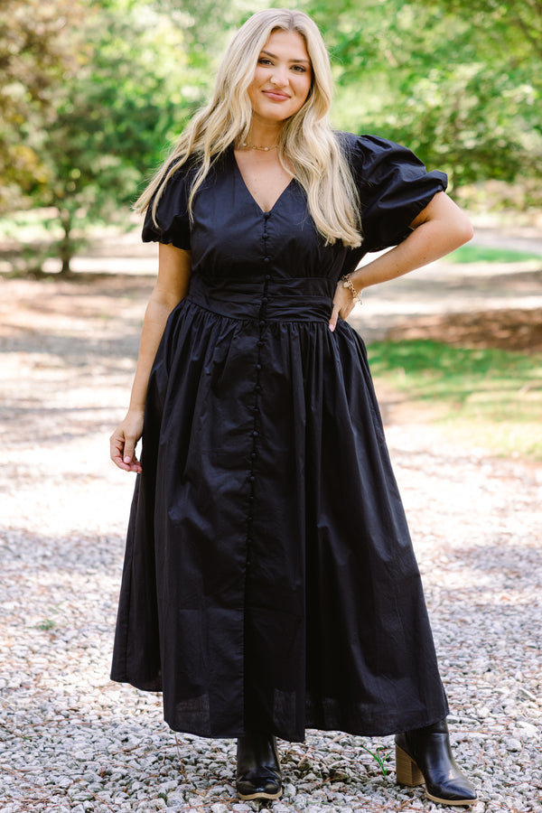 Chic Soul plus size clothing, black puff sleeve button up a-line maxi dress