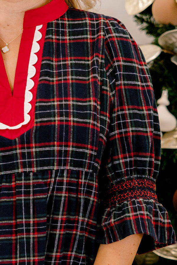 Chic Soul plus size clothing, navy red and black plaid mid sleeve short dress with red and white scallop v-neckline 