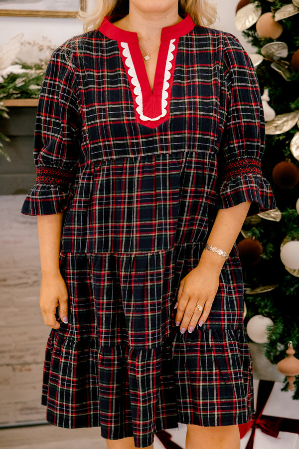Chic Soul plus size clothing, navy red and black plaid mid sleeve short dress with red and white scallop v-neckline 