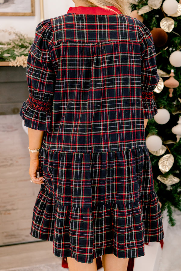 Chic Soul plus size clothing, navy red and black plaid mid sleeve short dress with red and white scallop v-neckline 