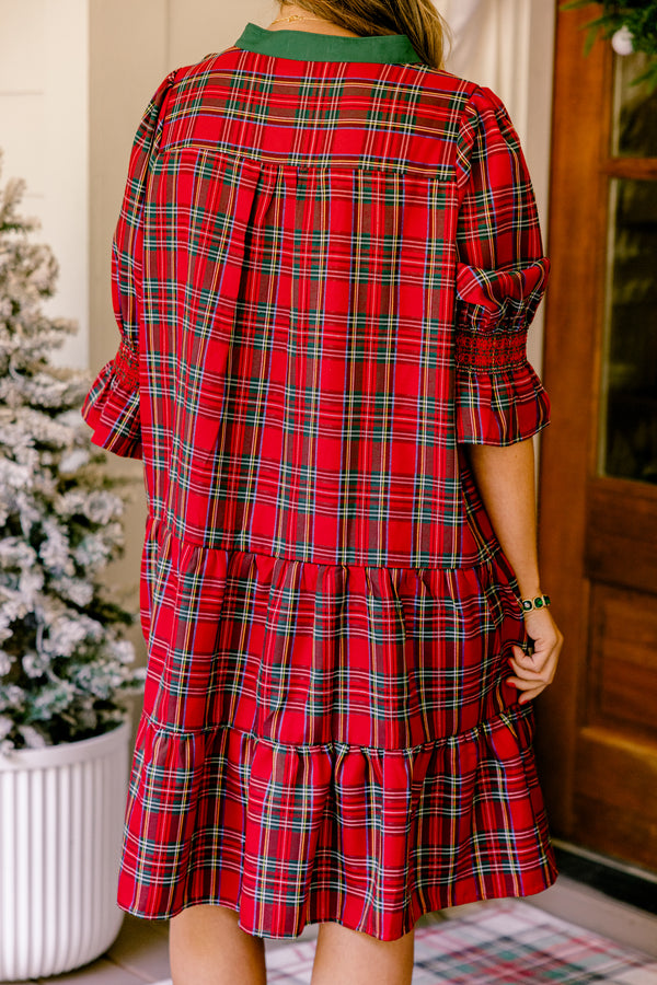 Chic Soul plus size clothing, red and white plaid mid sleeve short dress with green and white scallop v-neck detail