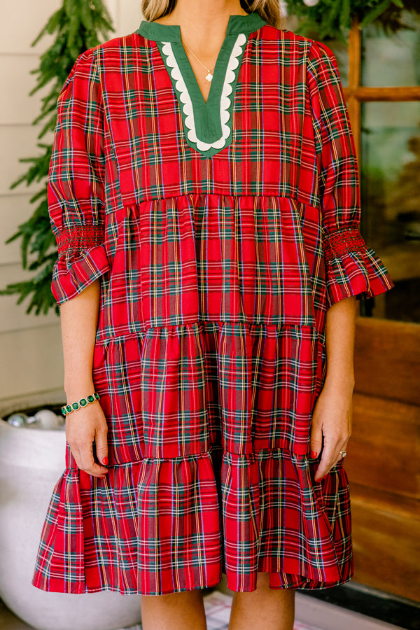 Chic Soul plus size clothing, red and white plaid mid sleeve short dress with green and white scallop v-neck detail