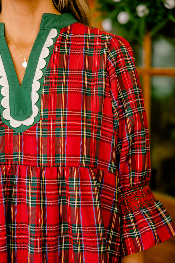 Chic Soul plus size clothing, red and white plaid mid sleeve short dress with green and white scallop v-neck detail