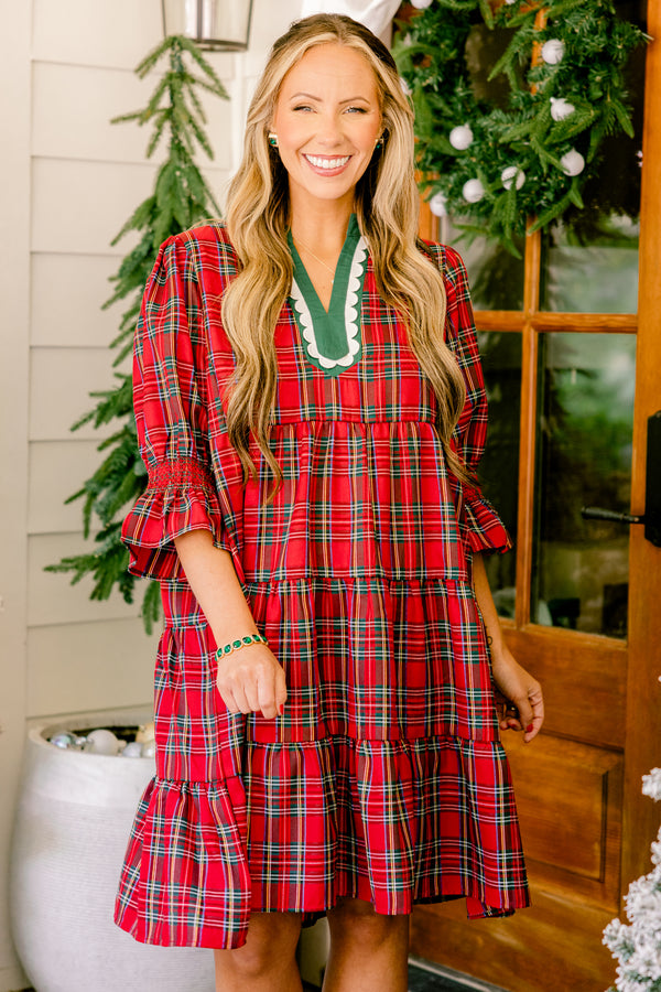 Chic Soul plus size clothing, red and white plaid mid sleeve short dress with green and white scallop v-neck detail