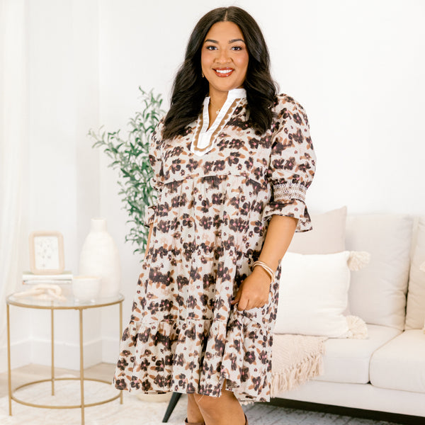 Chic Soul plus size clothing, white and multi brown floral short dress with mid sleeves and white v-neckline with bronw scallop edges