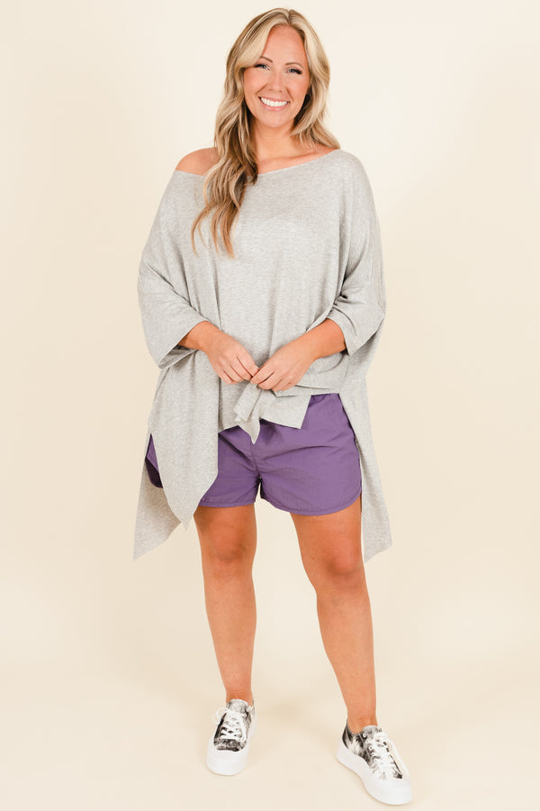 Chic Soul plus size clothing, lilac grey athletic shorts with a high elastic waistband