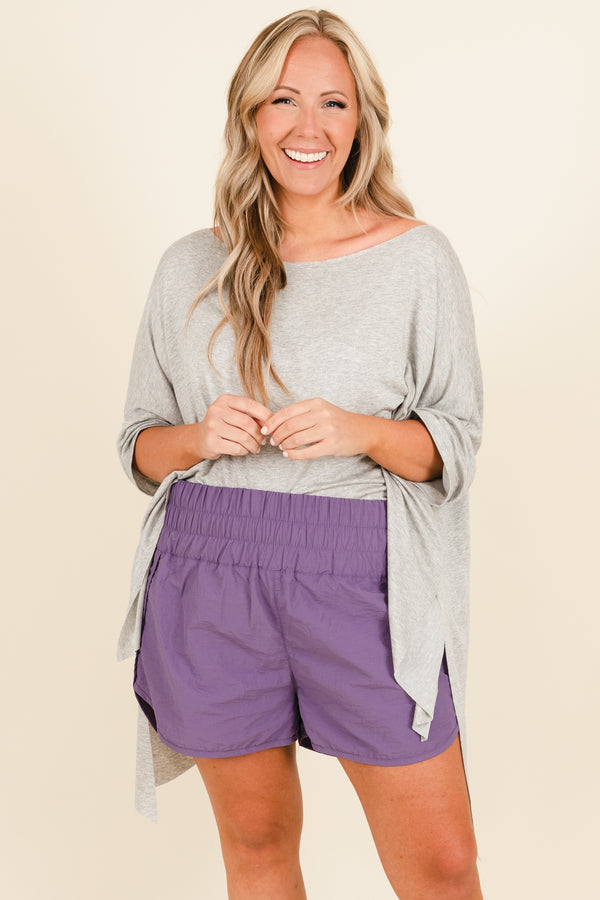 Chic Soul plus size clothing, lilac grey athletic shorts with a high elastic waistband