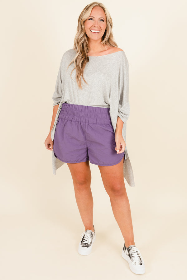 Chic Soul plus size clothing, lilac grey athletic shorts with a high elastic waistband