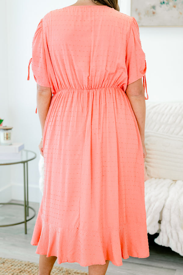 Chic Soul plus size clothing, short sleeve peach midi dress with ruffles and cinched waistline with tie details