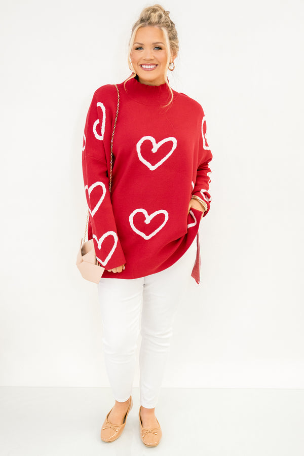Chic Soul plus size clothing, red long sleeve mock neck sweater with white heart pattern and side slits