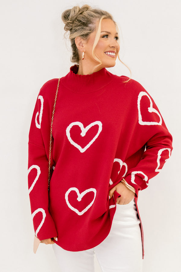 Chic Soul plus size clothing, red long sleeve mock neck sweater with white heart pattern and side slits