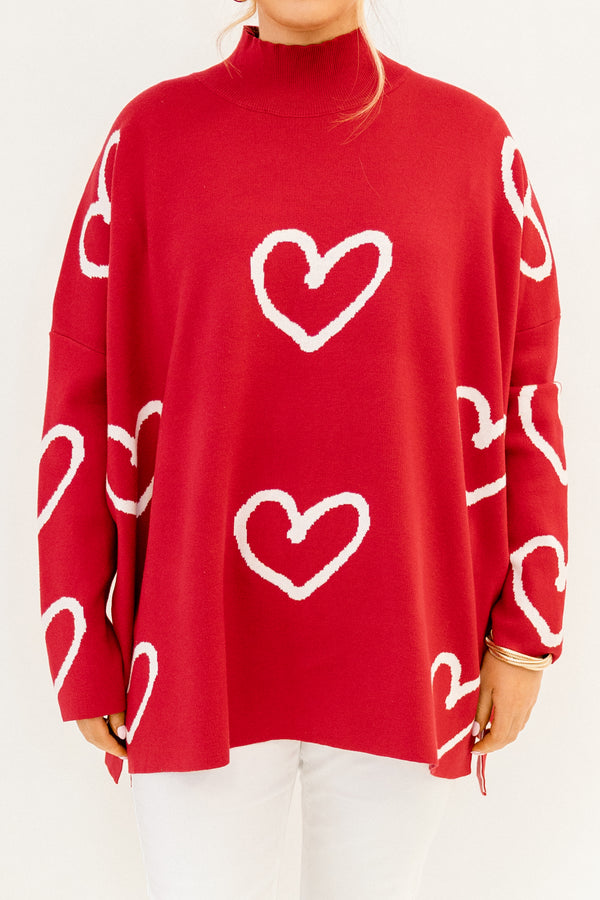 Chic Soul plus size clothing, red long sleeve mock neck sweater with white heart pattern and side slits