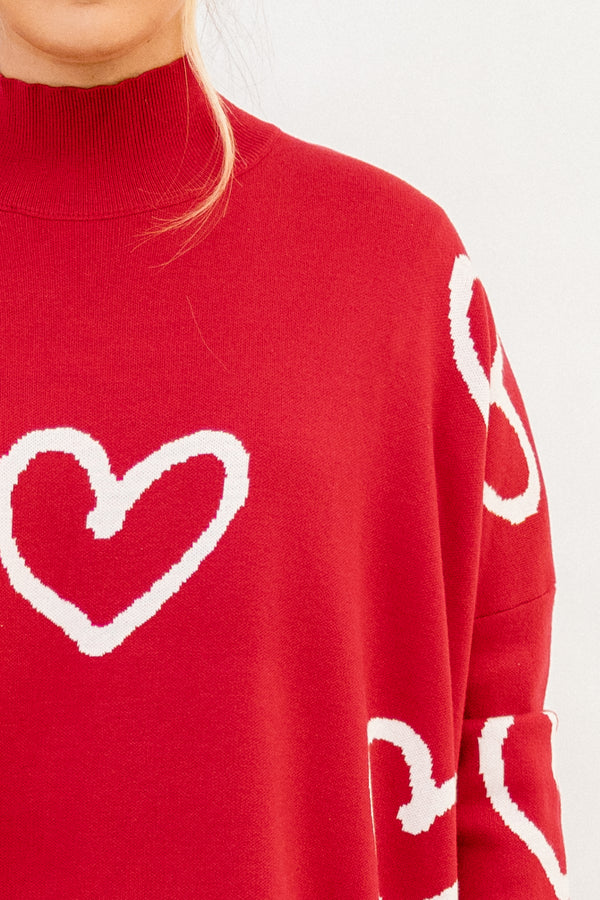 Chic Soul plus size clothing, red long sleeve mock neck sweater with white heart pattern and side slits