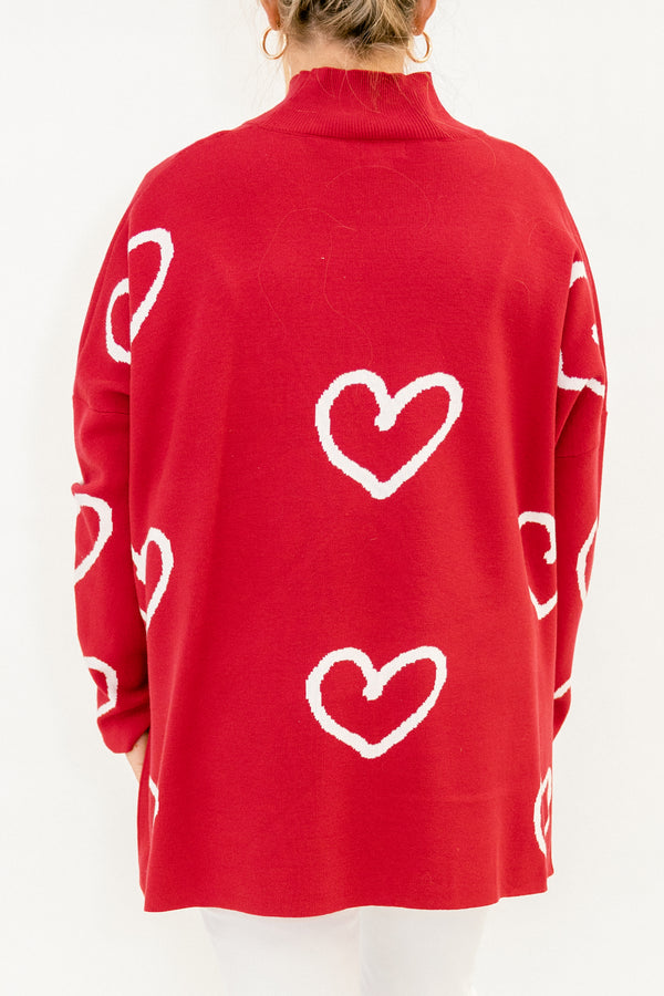 Chic Soul plus size clothing, red long sleeve mock neck sweater with white heart pattern and side slits