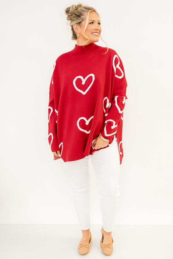 Chic Soul plus size clothing, red long sleeve mock neck sweater with white heart pattern and side slits