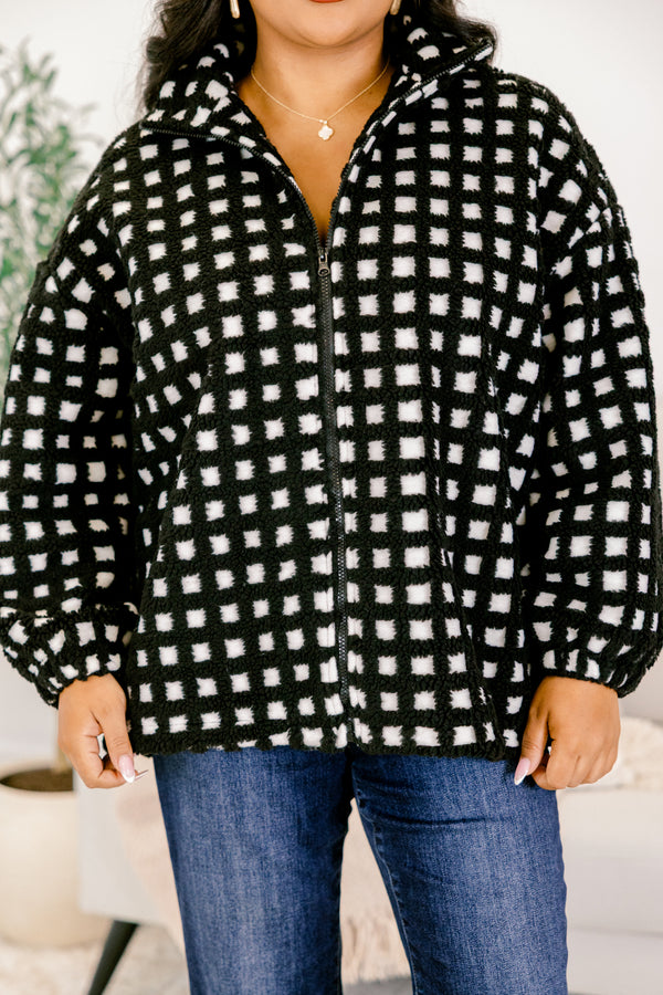 Chic Soul plus size clothing, black and white jacket with full zipper closure