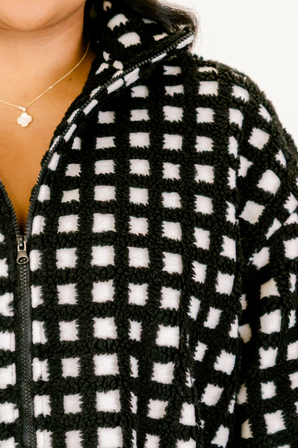 Chic Soul plus size clothing, black and white jacket with full zipper closure