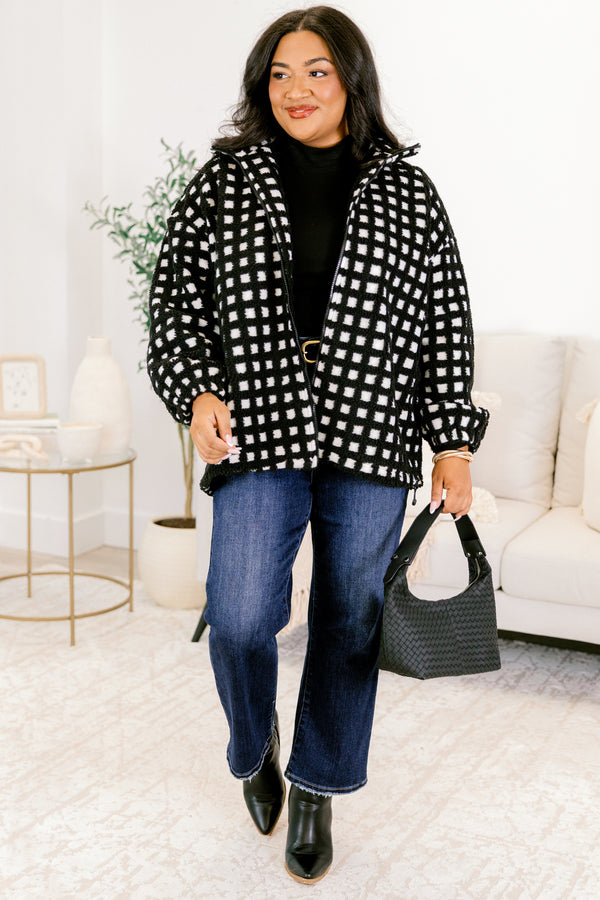 Chic Soul plus size clothing, black and white jacket with full zipper closure