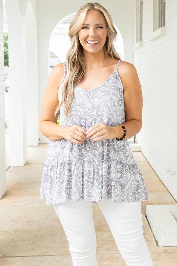Chic Soul plus size clothing, grey tiered flowy tank with white leopard pattern