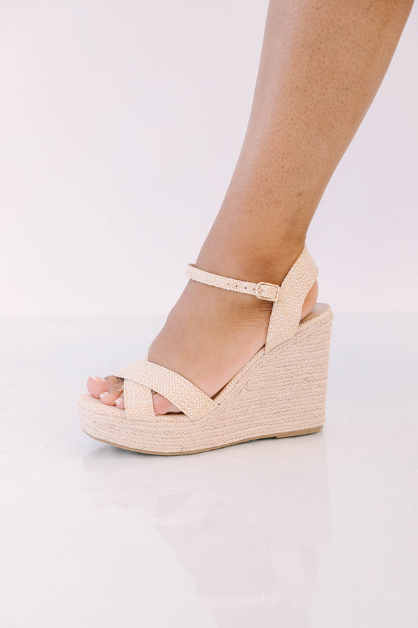 Plus Size natural woven fabric wedge sandals with crisscross straps and an adjustable ankle strap.