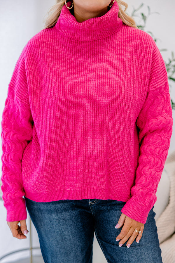Chic Soul plus size clothing, hot pink long sleeve sweater with cable knit sleeves and turtleneck
