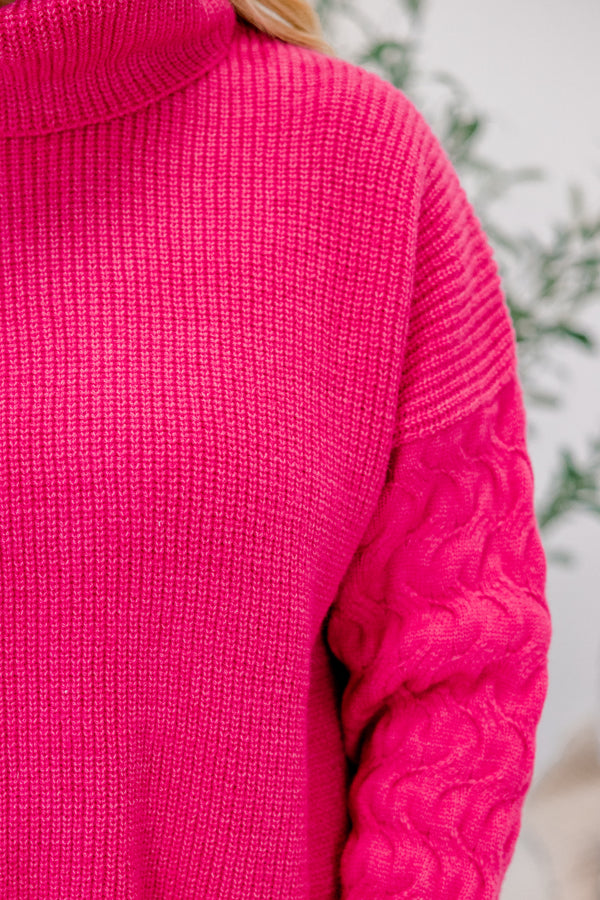 Chic Soul plus size clothing, hot pink long sleeve sweater with cable knit sleeves and turtleneck