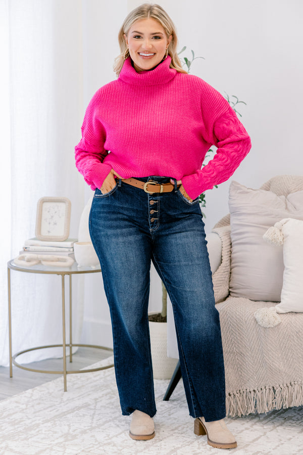 Chic Soul plus size clothing, hot pink long sleeve sweater with cable knit sleeves and turtleneck