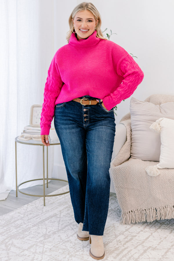 Chic Soul plus size clothing, hot pink long sleeve sweater with cable knit sleeves and turtleneck