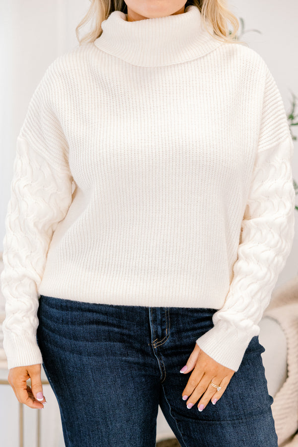 Chic Soul plus size clothing, ivory white long sleeve sweater with cable knit sleeves and turtleneck