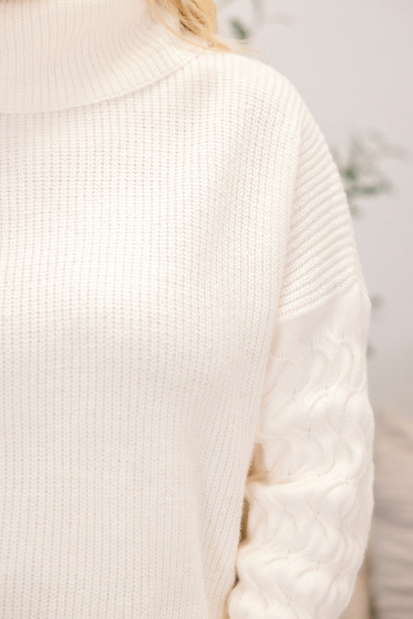 Chic Soul plus size clothing, ivory white long sleeve sweater with cable knit sleeves and turtleneck