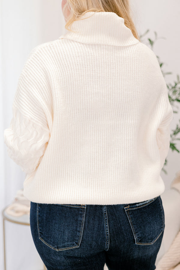 Chic Soul plus size clothing, ivory white long sleeve sweater with cable knit sleeves and turtleneck
