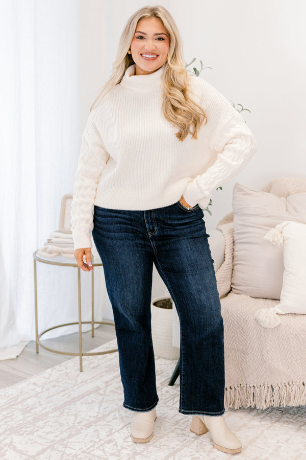 Chic Soul plus size clothing, ivory white long sleeve sweater with cable knit sleeves and turtleneck