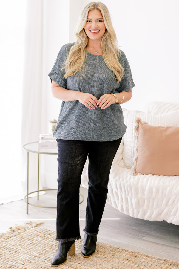 Chic Soul plus size clothing, ash jade short sleeve sweater with cuffed sleeves