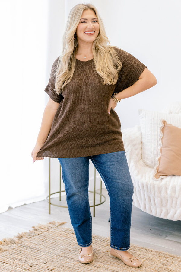 Chic Soul plus size clothing, brown short sleeve sweater top