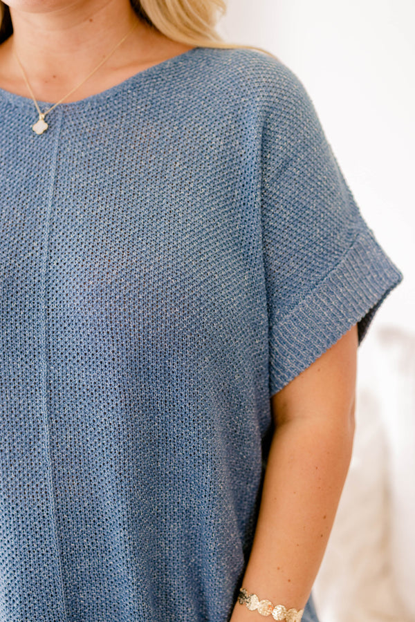 Chic Soul plus size clothing, dusty blue short sleeve sweater top