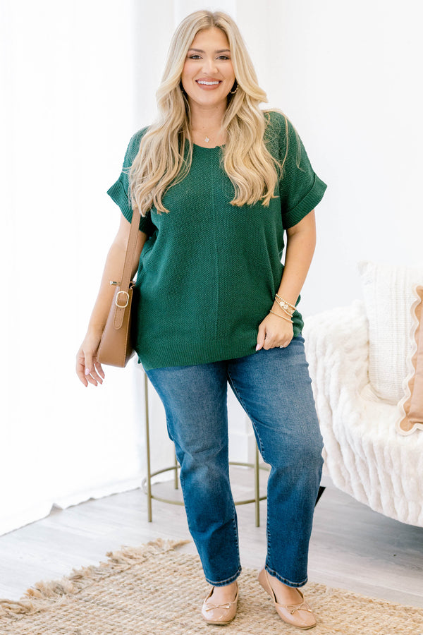 Chic Soul plus size clothing, dark green short cuffed sleeve sweater top