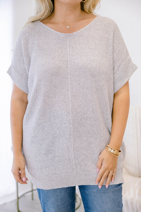 Chic Soul plus size clothing, light grey short cuff sleeve loose knit sweater 