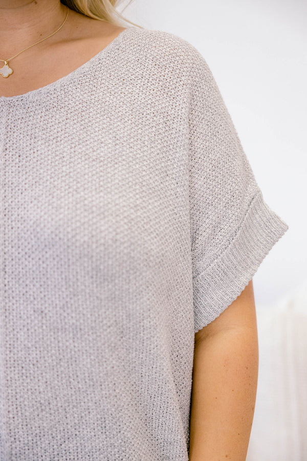 Chic Soul plus size clothing, light grey short cuff sleeve loose knit sweater 