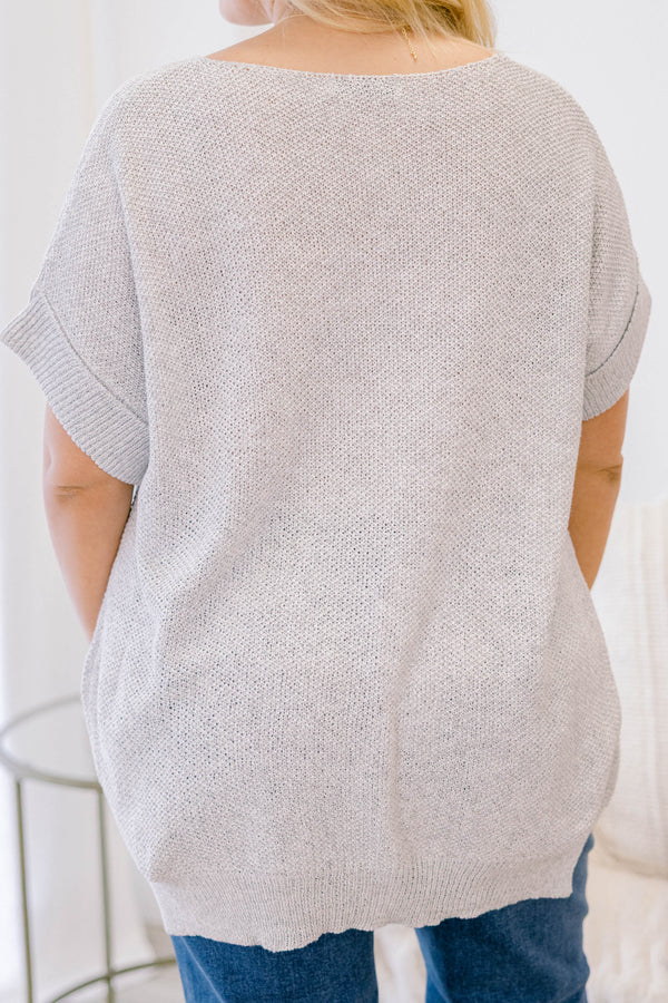 Chic Soul plus size clothing, light grey short cuff sleeve loose knit sweater 