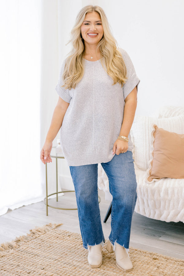 Chic Soul plus size clothing, light grey short cuff sleeve loose knit sweater 