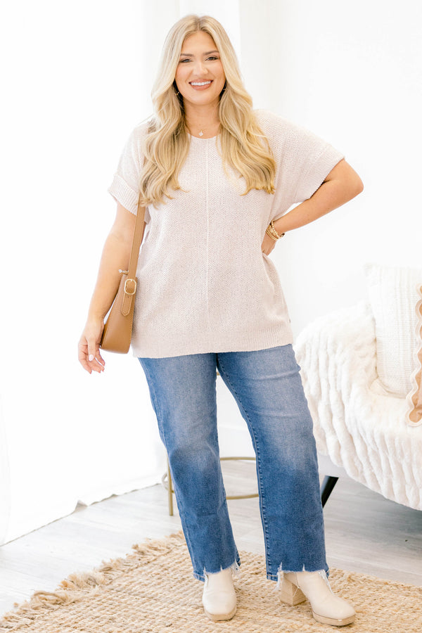 Chic Soul plus size clothing, light tan short sleeve sweater top